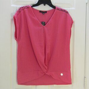 Adrienne Vittadini Hot Pink Top Crochet Shoulders Cap Sleeve NWT